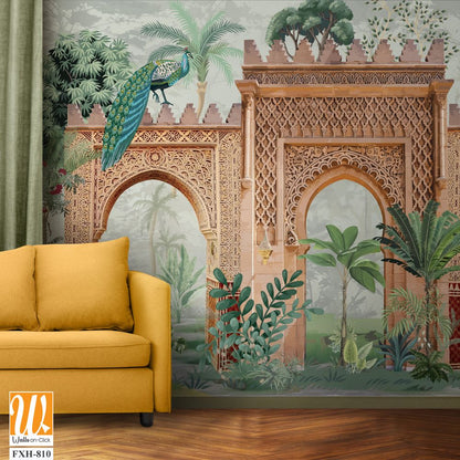 Traditional Mughal Garden Wall Illustration, Mughal Garden, Peacock, Watercolor Background. [WP-FXH-810]