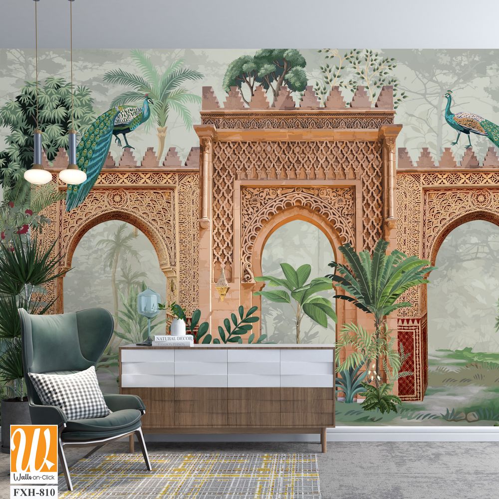 Traditional Mughal Garden Wall Illustration, Mughal Garden, Peacock, Watercolor Background. [WP-FXH-810]