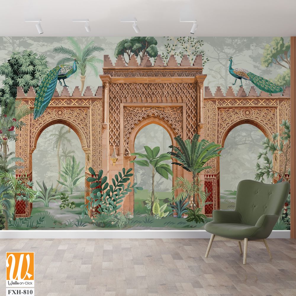 Traditional Mughal Garden Wall Illustration, Mughal Garden, Peacock, Watercolor Background. [WP-FXH-810]