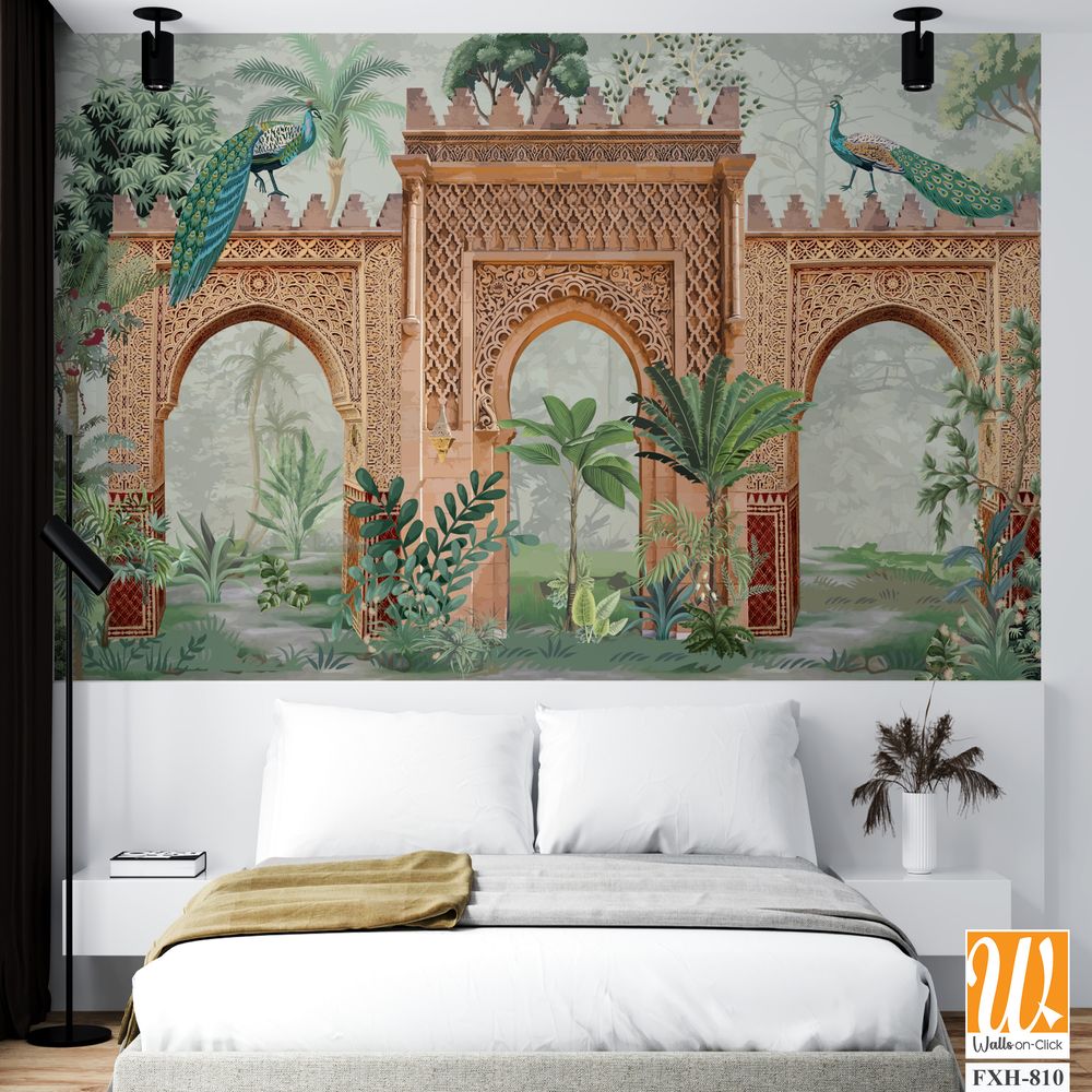 Traditional Mughal Garden Wall Illustration, Mughal Garden, Peacock, Watercolor Background. [WP-FXH-810]
