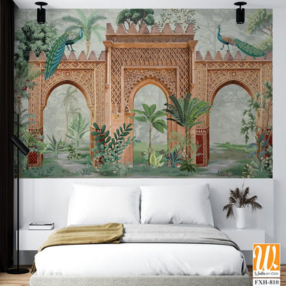 Traditional Mughal Garden Wall Illustration, Mughal Garden, Peacock, Watercolor Background. [WP-FXH-810]