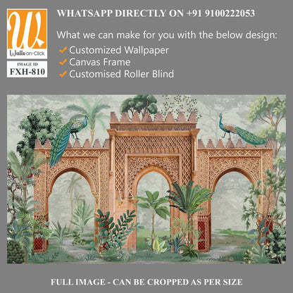 Traditional Mughal Garden Wall Illustration, Mughal Garden, Peacock, Watercolor Background. [WP-FXH-810]