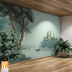 Antique scenic landscape wallpaper. Lake, Mural in the hills Vintage landscape wallpaper. [WP-FXH-812]