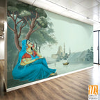 Mughal queen sitting in benefitplace, Antique scenic landscape wallpaper. Lake, Mural in the hills Vintage landscape wallpaper. [WP-FXH-813]