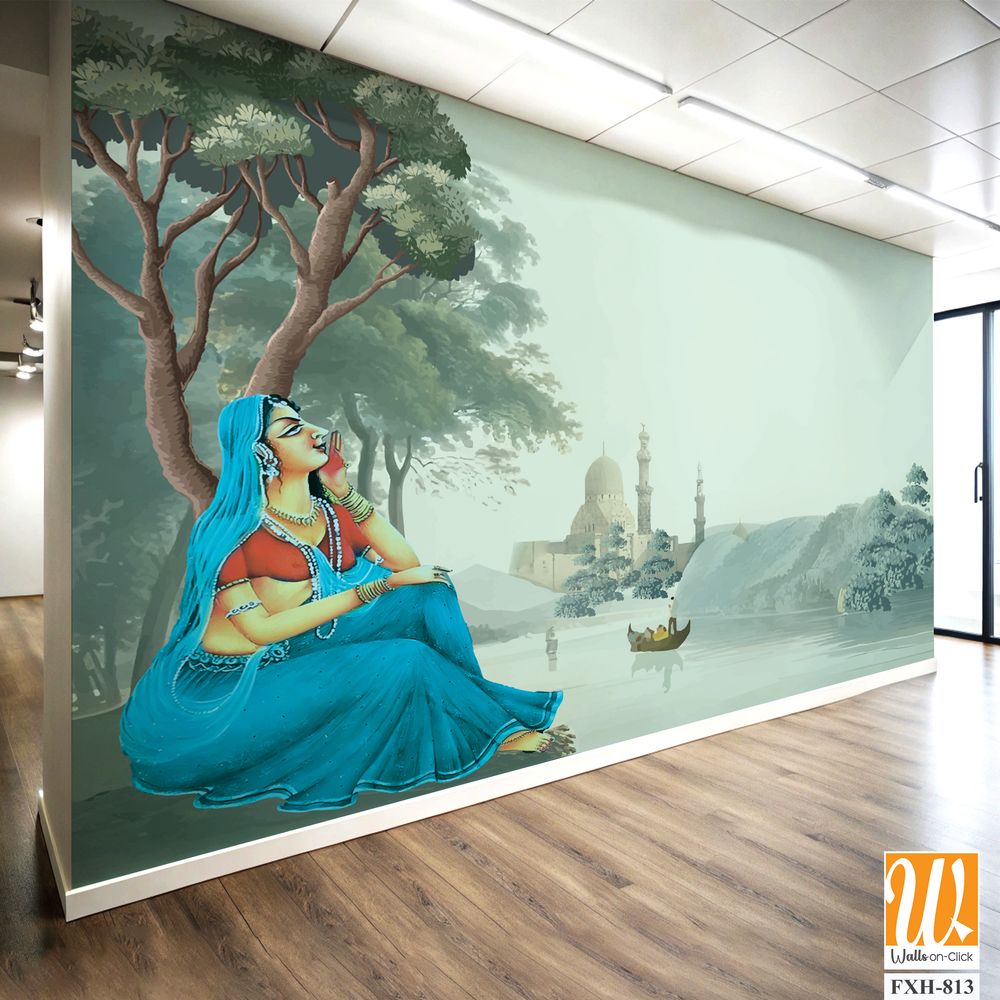 Mughal queen sitting in benefitplace, Antique scenic landscape wallpaper. Lake, Mural in the hills Vintage landscape wallpaper. [WP-FXH-813]