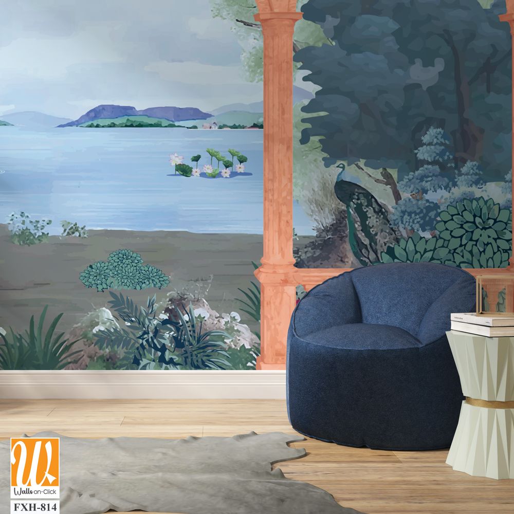 Greek, Roman, Greek arch with river, garden, peacock, sawn, wallpaper Illustrations. Roman architecture, landscape illustration for wallpaper. [WP-FXH-814]