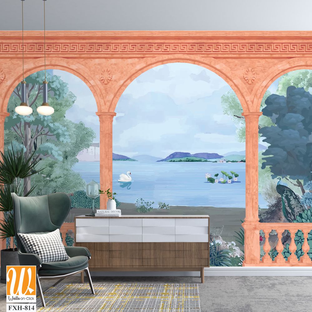 Greek, Roman, Greek arch with river, garden, peacock, sawn, wallpaper Illustrations. Roman architecture, landscape illustration for wallpaper. [WP-FXH-814]