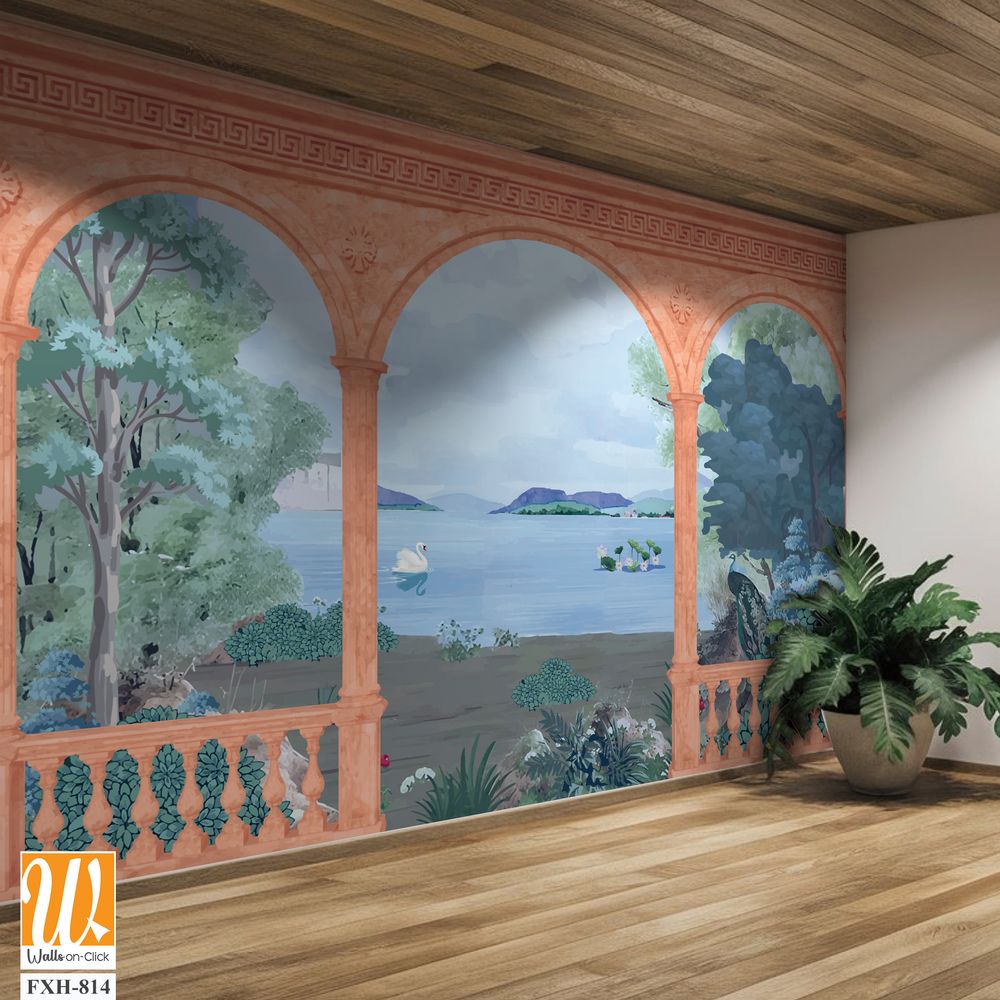 Greek, Roman, Greek arch with river, garden, peacock, sawn, wallpaper Illustrations. Roman architecture, landscape illustration for wallpaper. [WP-FXH-814]