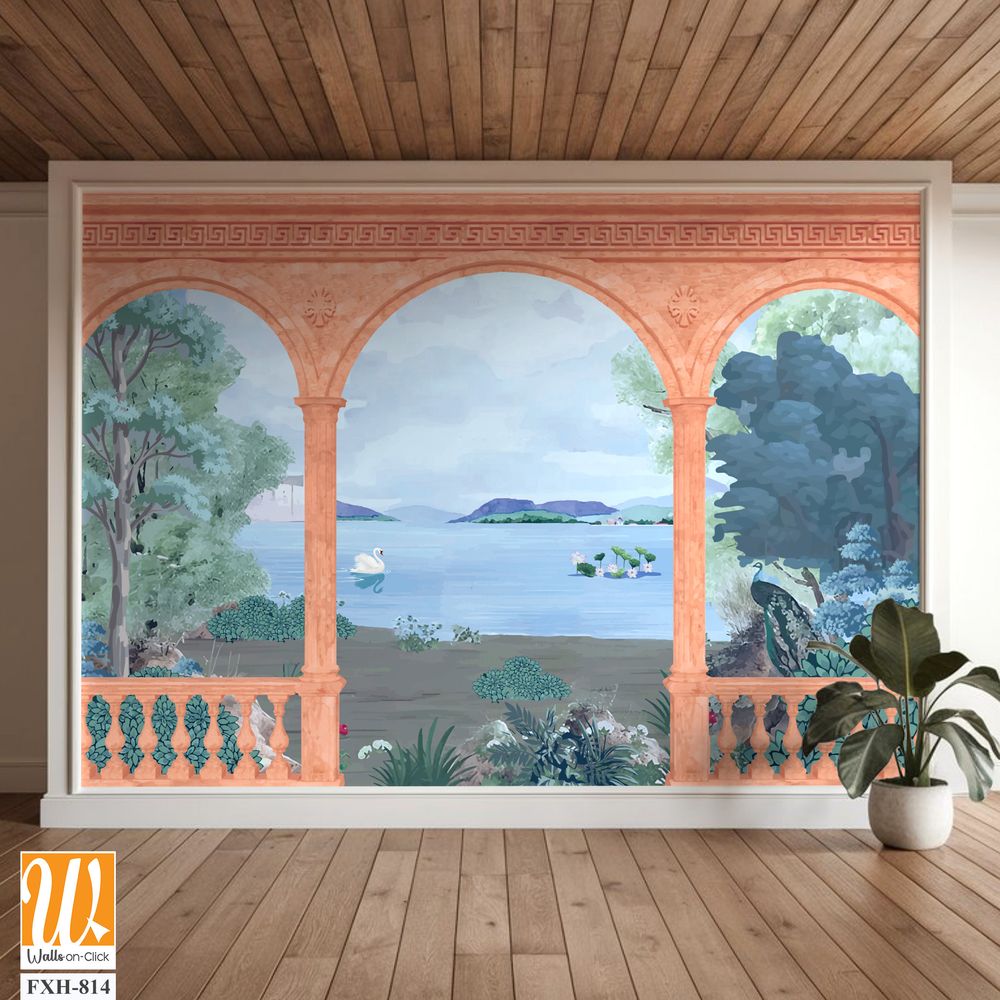 Greek, Roman, Greek arch with river, garden, peacock, sawn, wallpaper Illustrations. Roman architecture, landscape illustration for wallpaper. [WP-FXH-814]