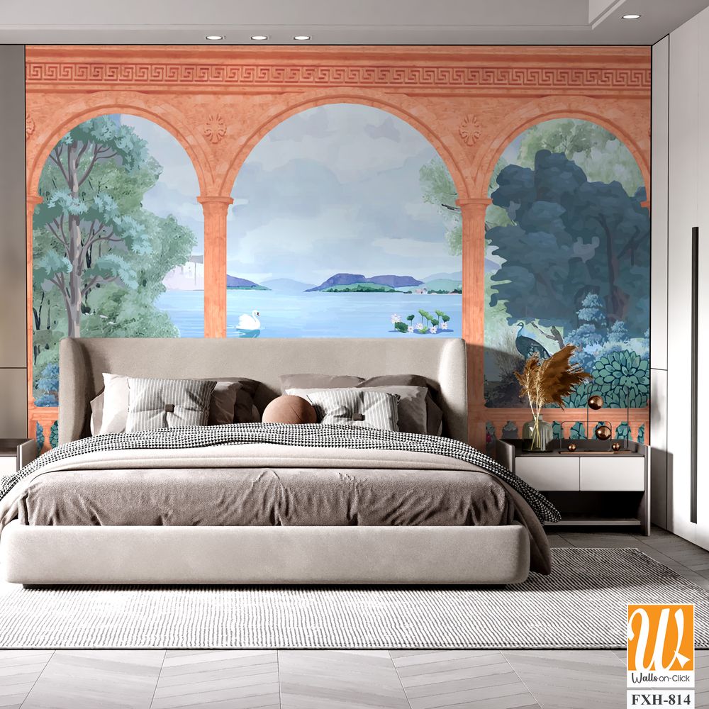 Greek, Roman, Greek arch with river, garden, peacock, sawn, wallpaper Illustrations. Roman architecture, landscape illustration for wallpaper. [WP-FXH-814]