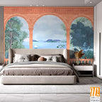 Greek, Roman, Greek arch with river, garden, peacock, sawn, wallpaper Illustrations. Roman architecture, landscape illustration for wallpaper. [WP-FXH-814]