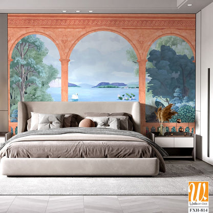 Greek, Roman, Greek arch with river, garden, peacock, sawn, wallpaper Illustrations. Roman architecture, landscape illustration for wallpaper. [WP-FXH-814]