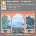 Greek, Roman, Greek arch with river, garden, peacock, sawn, wallpaper Illustrations. Roman architecture, landscape illustration for wallpaper. [WP-FXH-814]