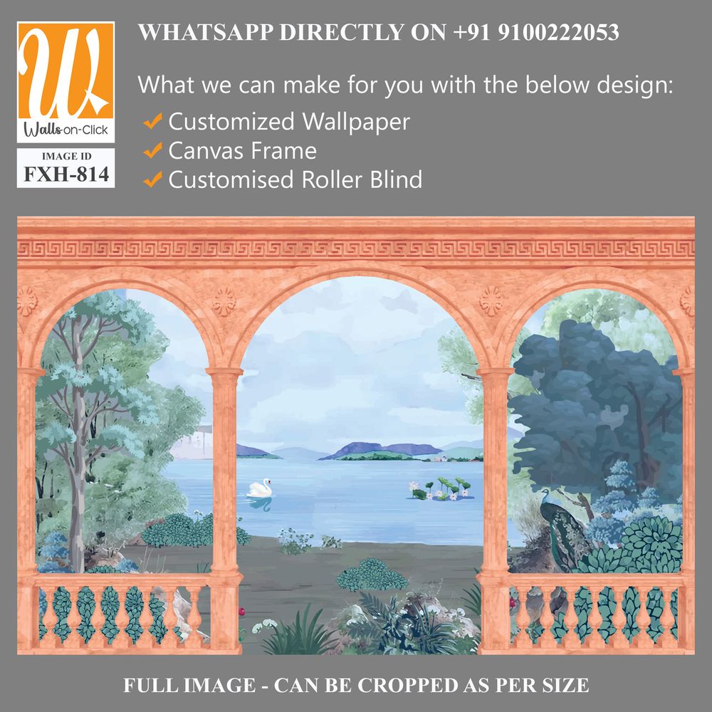 Greek, Roman, Greek arch with river, garden, peacock, sawn, wallpaper Illustrations. Roman architecture, landscape illustration for wallpaper. [WP-FXH-814]