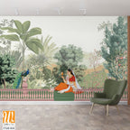 Mughal queen sitting in Garden. Vintage wallpaper with garden arch place illustration. [WP-FXH-818]
