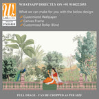Mughal queen sitting in Garden. Vintage wallpaper with garden arch place illustration. [WP-FXH-818]