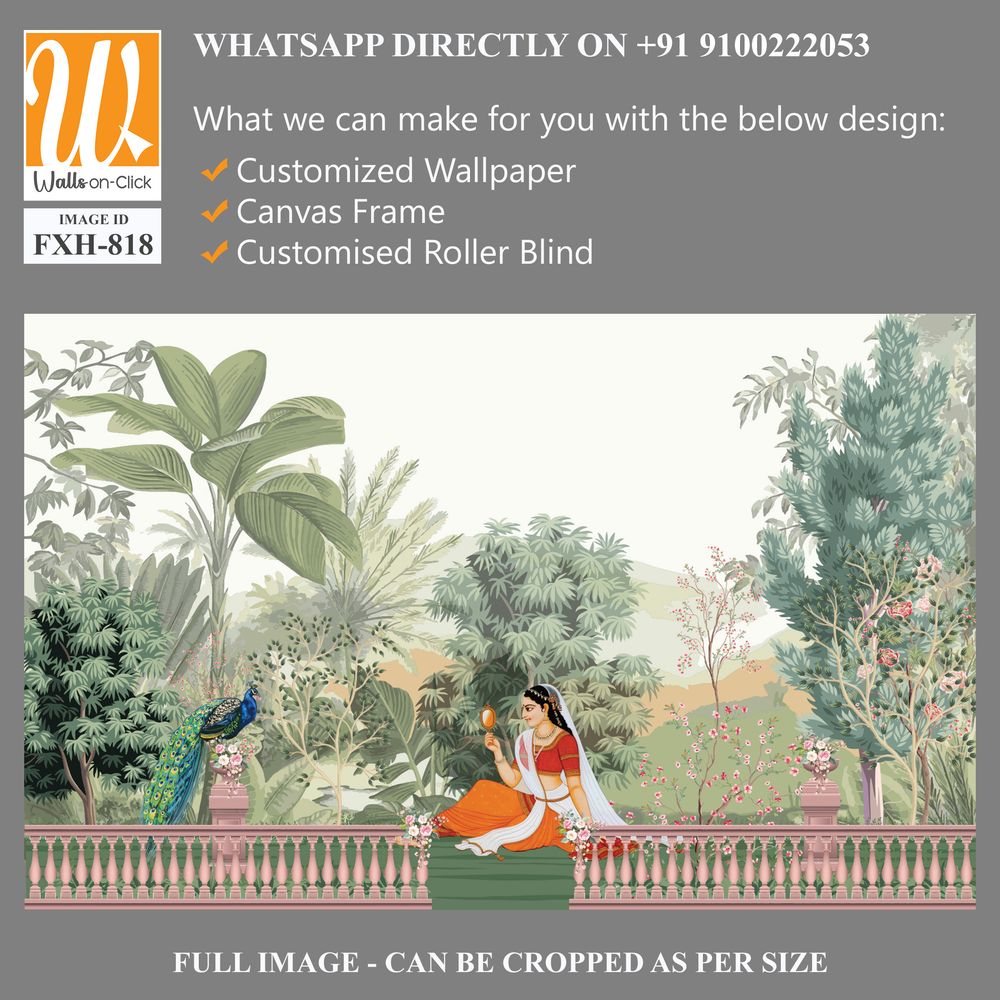 Mughal queen sitting in Garden. Vintage wallpaper with garden arch place illustration. [WP-FXH-818]