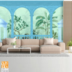 Vintage wallpaper with garden arch peacock, place landscape illustrations. Antique scenic wallpaper. [WP-FXH-820]
