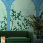 Vintage wallpaper with garden arch peacock, place landscape illustrations. Antique scenic wallpaper. [WP-FXH-820]