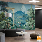 Mughal garden wallpaper mural Design, hill lake, Dome, brds, traditional mughal background, watercolor background. [WP-FXH-821]
