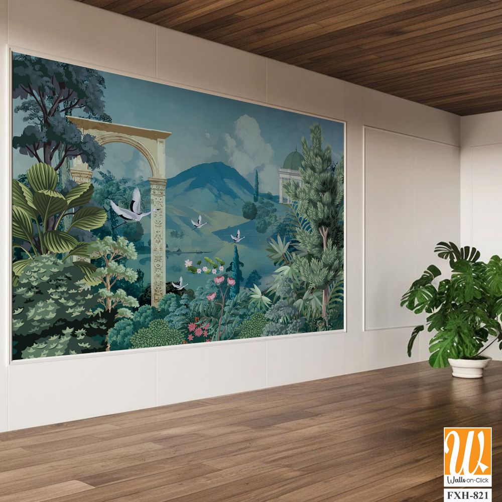 Mughal garden wallpaper mural Design, hill lake, Dome, brds, traditional mughal background, watercolor background. [WP-FXH-821]