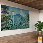 Mughal garden wallpaper mural Design, hill lake, Dome, brds, traditional mughal background, watercolor background. [WP-FXH-821]