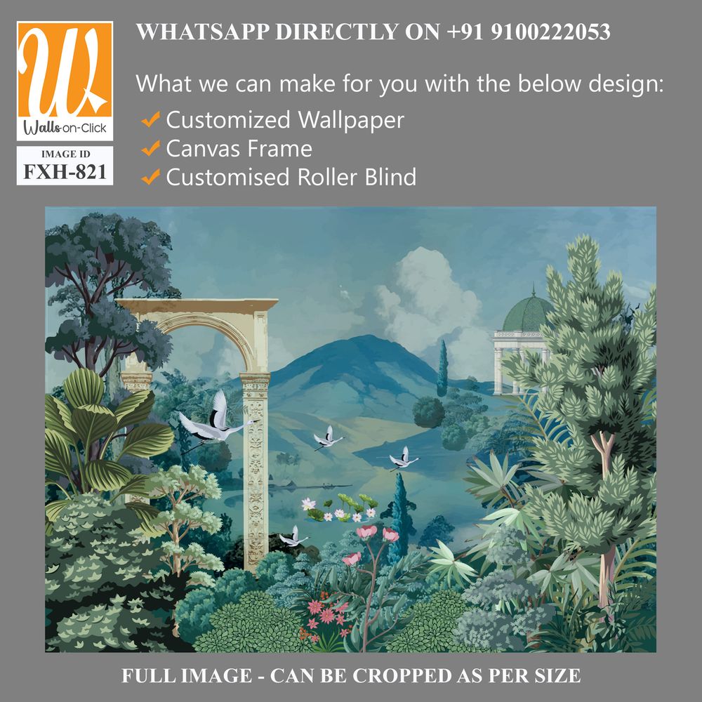 Mughal garden wallpaper mural Design, hill lake, Dome, brds, traditional mughal background, watercolor background. [WP-FXH-821]