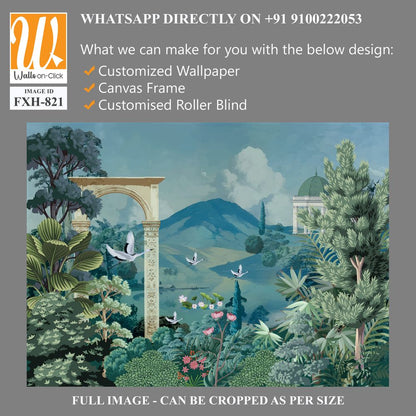 Mughal garden wallpaper mural Design, hill lake, Dome, brds, traditional mughal background, watercolor background. [WP-FXH-821]