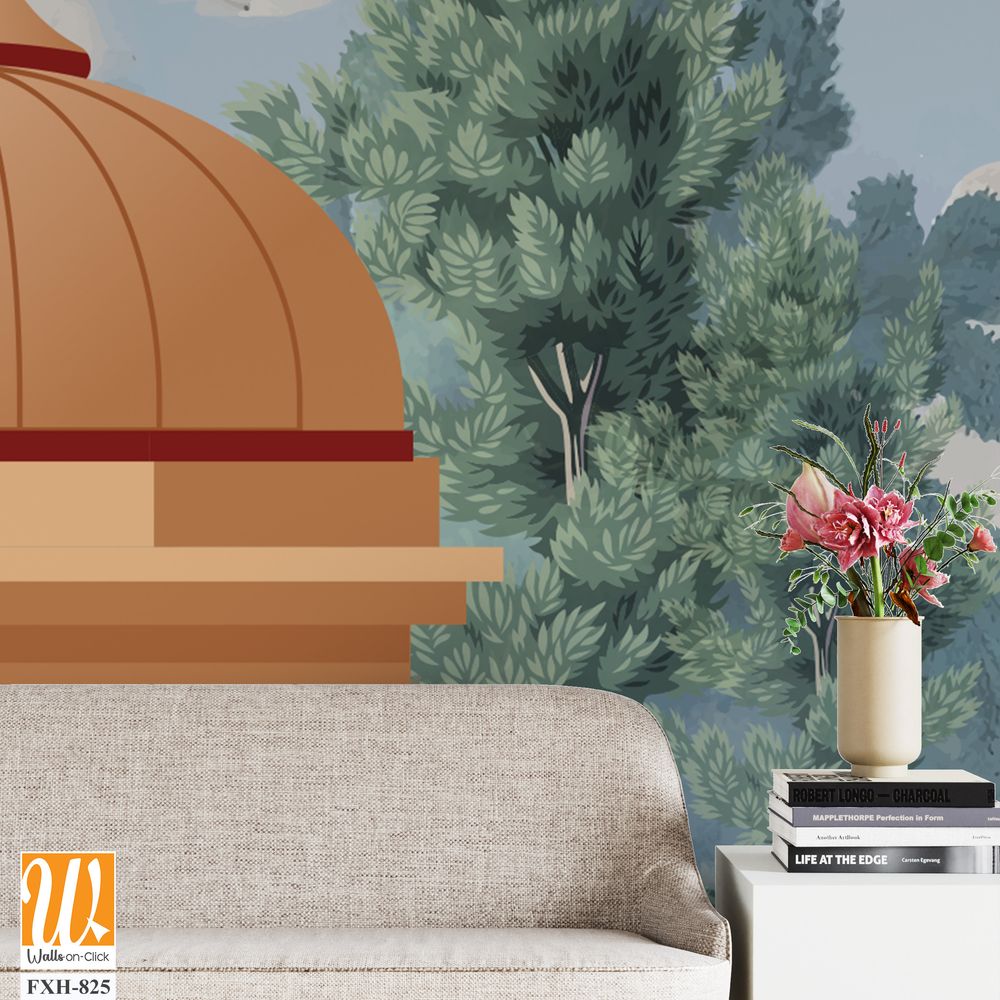 Mughal forest garden with Dome, Birds, plant and botanical tree landscape illustration pattern, Mughal Wall Mural. [WP-FXH-825]