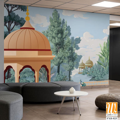 Mughal forest garden with Dome, Birds, plant and botanical tree landscape illustration pattern, Mughal Wall Mural. [WP-FXH-825]