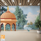 Mughal forest garden with Dome, Birds, plant and botanical tree landscape illustration pattern, Mughal Wall Mural. [WP-FXH-825]