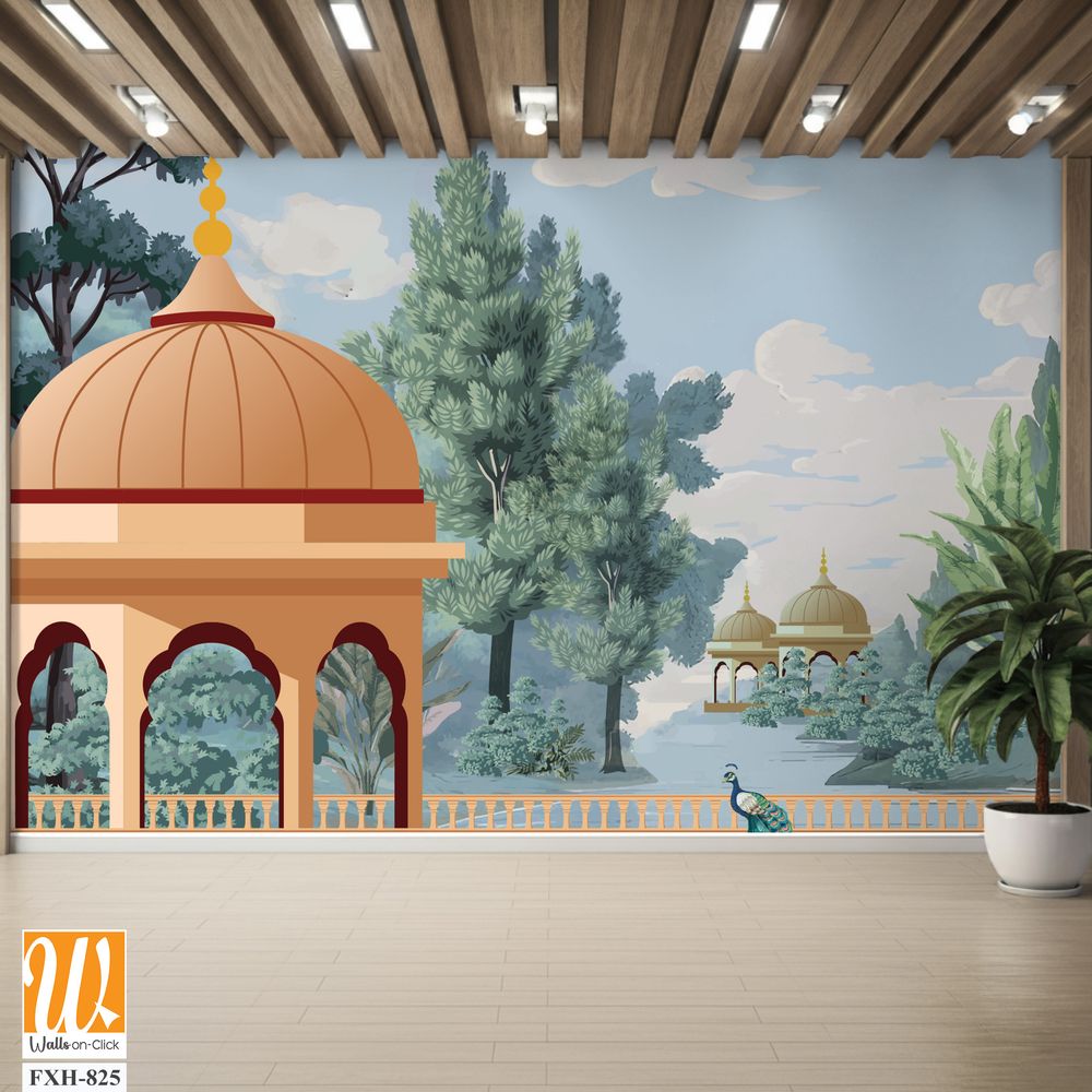 Mughal forest garden with Dome, Birds, plant and botanical tree landscape illustration pattern, Mughal Wall Mural. [WP-FXH-825]