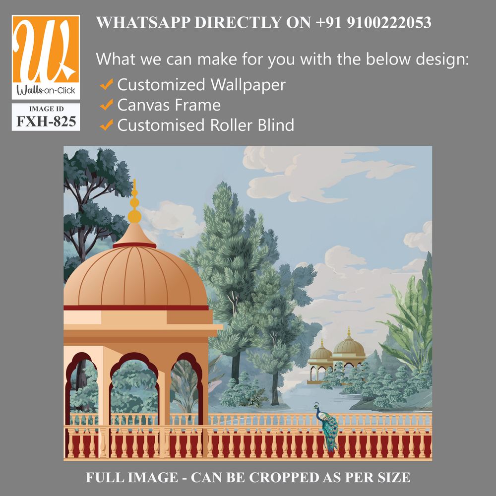Mughal forest garden with Dome, Birds, plant and botanical tree landscape illustration pattern, Mughal Wall Mural. [WP-FXH-825]