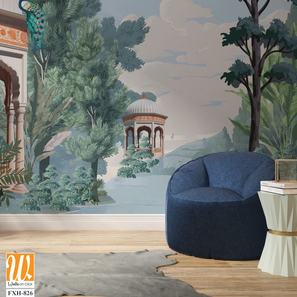 Mughal forest garden with Dome, Birds, plant and botanical tree landscape illustration pattern, Mughal Wall Mural. [WP-FXH-826]