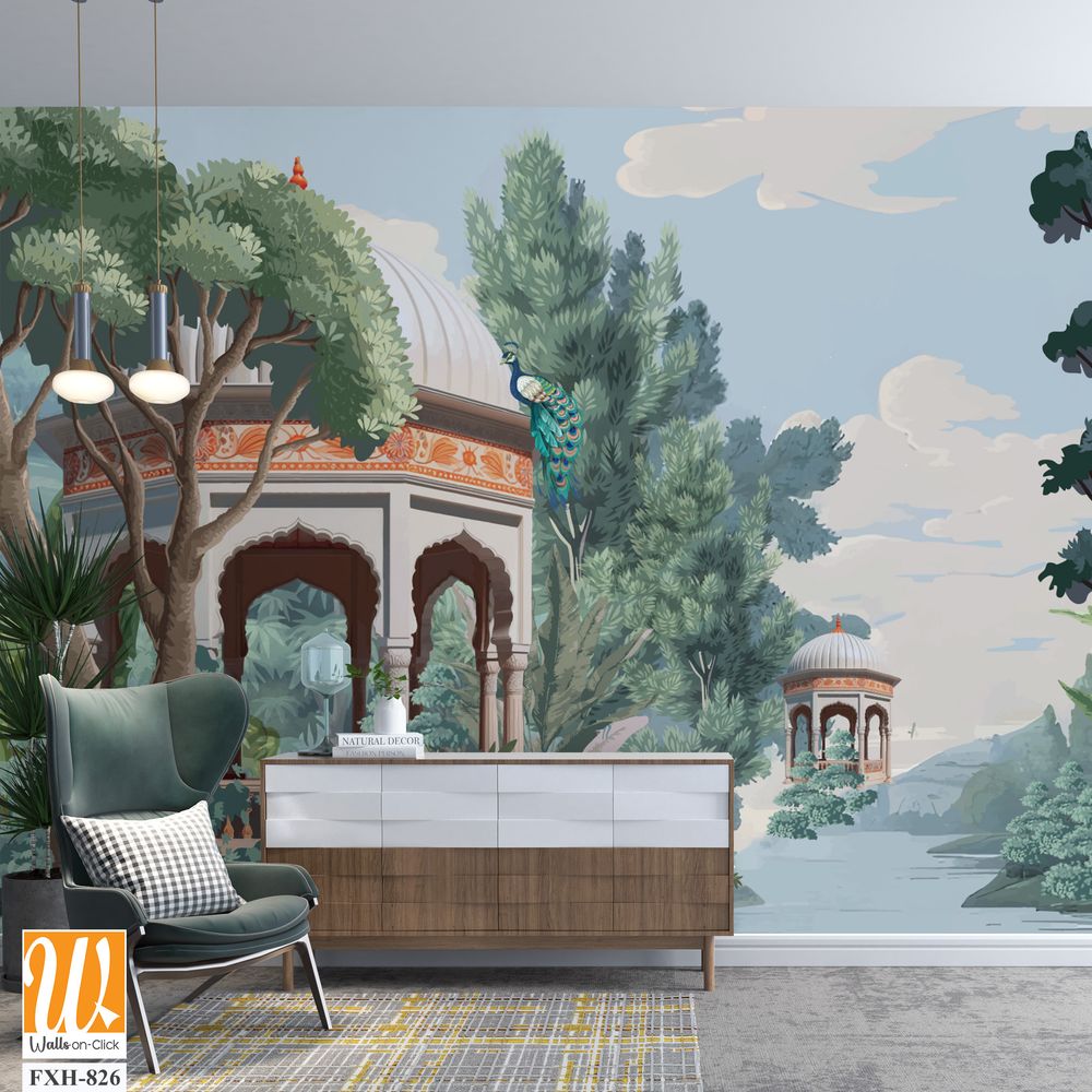 Mughal forest garden with Dome, Birds, plant and botanical tree landscape illustration pattern, Mughal Wall Mural. [WP-FXH-826]