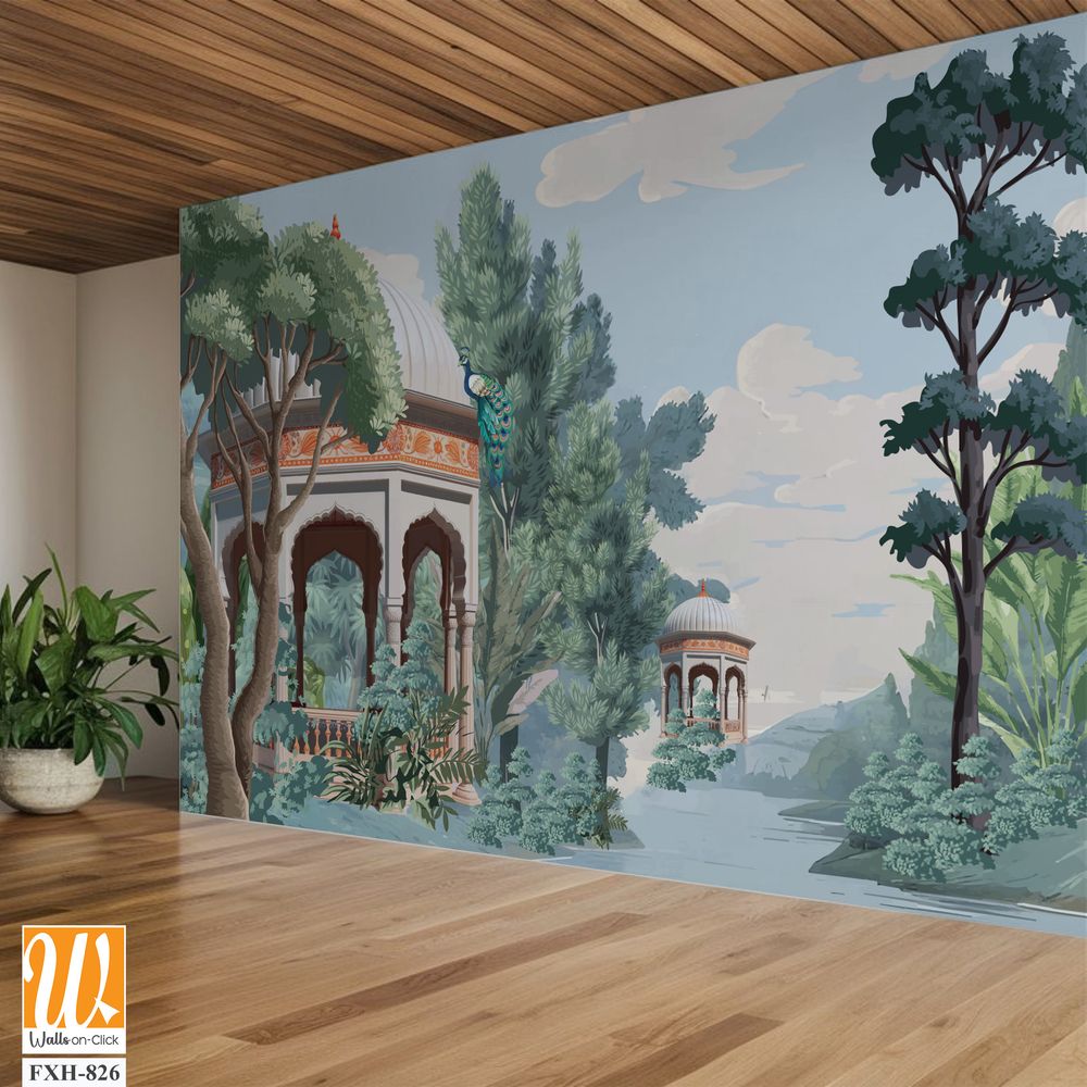 Mughal forest garden with Dome, Birds, plant and botanical tree landscape illustration pattern, Mughal Wall Mural. [WP-FXH-826]