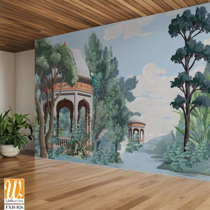 Mughal forest garden with Dome, Birds, plant and botanical tree landscape illustration pattern, Mughal Wall Mural. [WP-FXH-826]