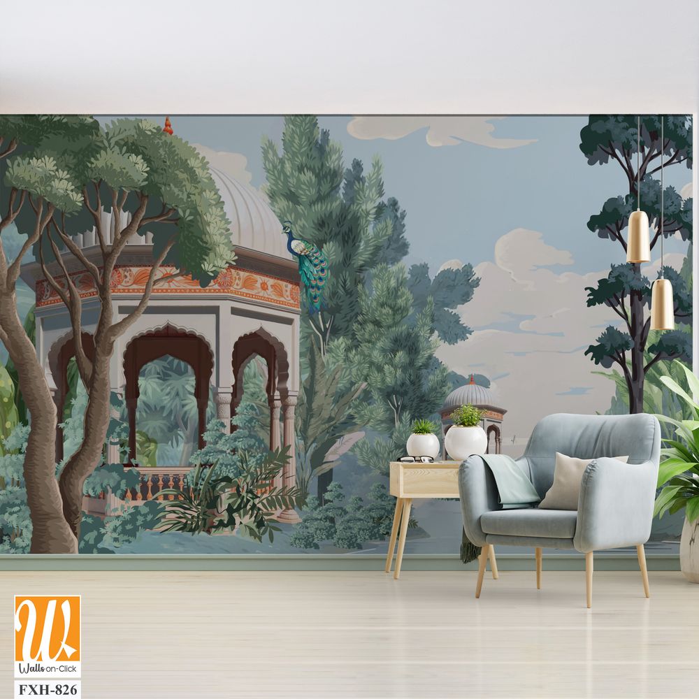Mughal forest garden with Dome, Birds, plant and botanical tree landscape illustration pattern, Mughal Wall Mural. [WP-FXH-826]
