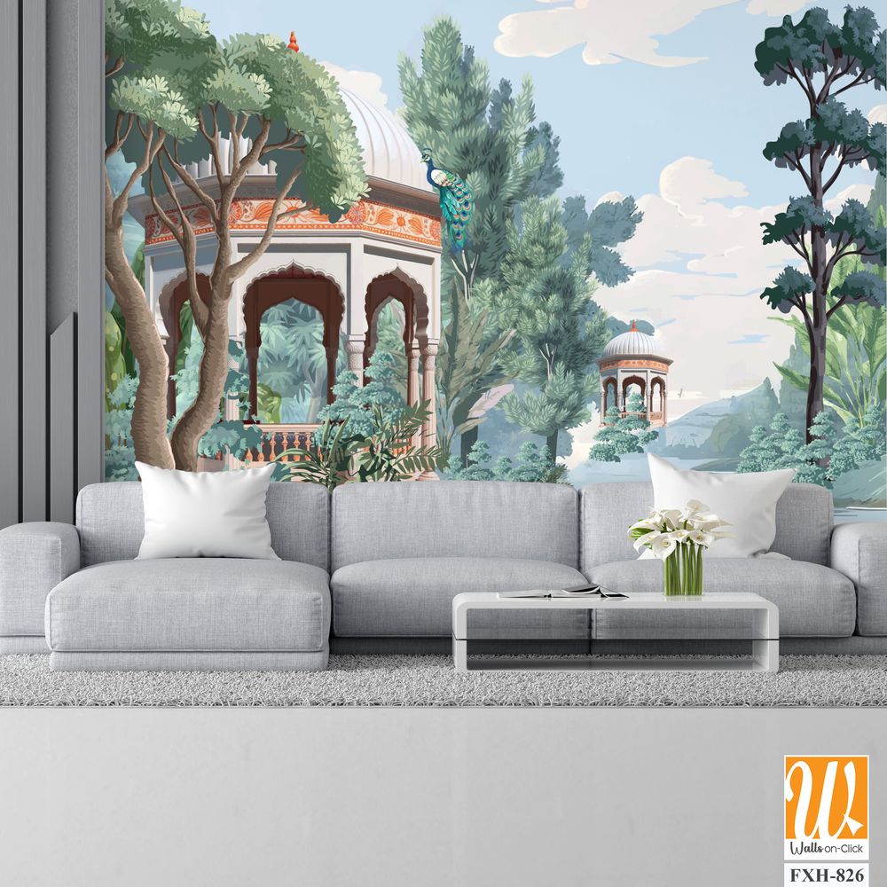 Mughal forest garden with Dome, Birds, plant and botanical tree landscape illustration pattern, Mughal Wall Mural. [WP-FXH-826]