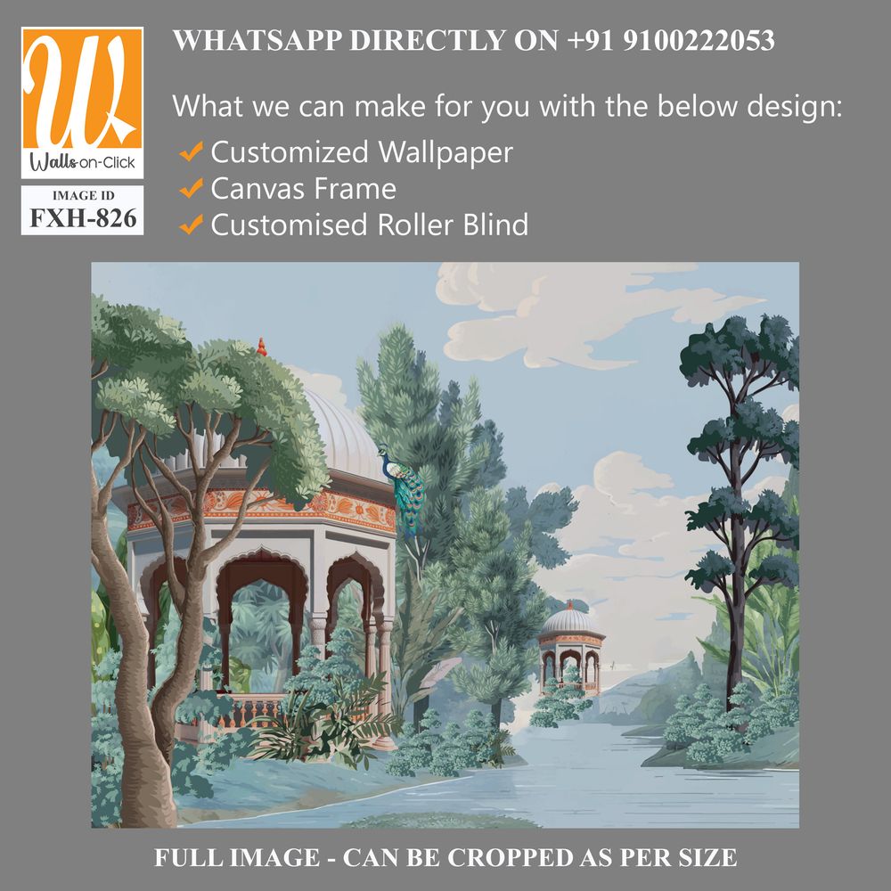 Mughal forest garden with Dome, Birds, plant and botanical tree landscape illustration pattern, Mughal Wall Mural. [WP-FXH-826]