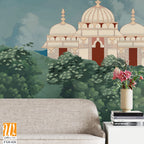 Mughal forest garden with temples, lake, hill, plant and botanical tree landscape illustration pattern, Mughal Wall Mural. [WP-FXH-828]