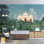 Mughal forest garden with temples, lake, hill, plant and botanical tree landscape illustration pattern, Mughal Wall Mural. [WP-FXH-828]