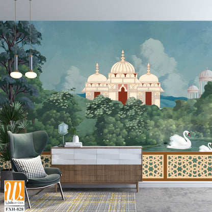 Mughal forest garden with temples, lake, hill, plant and botanical tree landscape illustration pattern, Mughal Wall Mural. [WP-FXH-828]