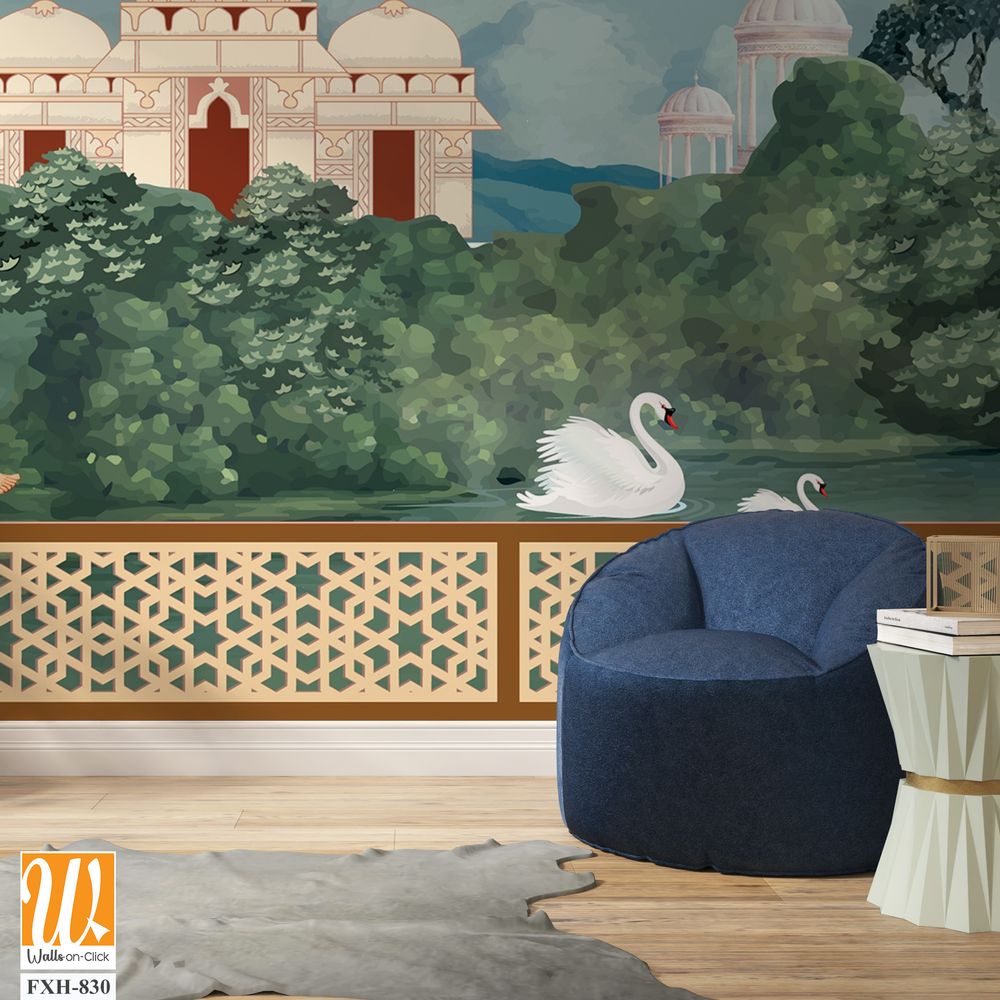 Traditional Mughal queen sitting in garden, with temples, lake, hill, plant and botanical tree landscape illustration pattern, Mughal Wall Mural. [WP-FXH-830]