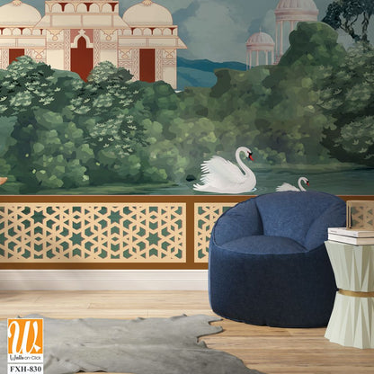 Traditional Mughal queen sitting in garden, with temples, lake, hill, plant and botanical tree landscape illustration pattern, Mughal Wall Mural. [WP-FXH-830]