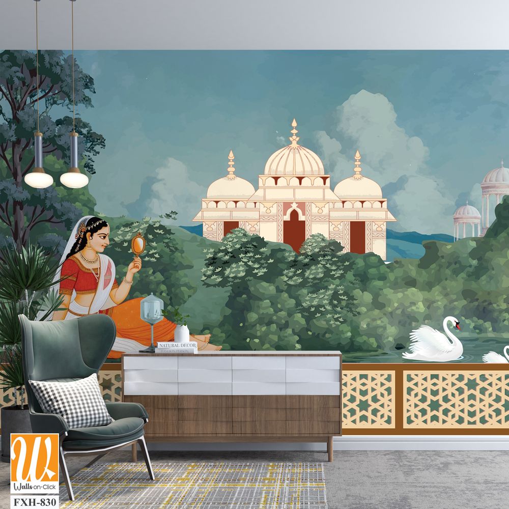 Traditional Mughal queen sitting in garden, with temples, lake, hill, plant and botanical tree landscape illustration pattern, Mughal Wall Mural. [WP-FXH-830]