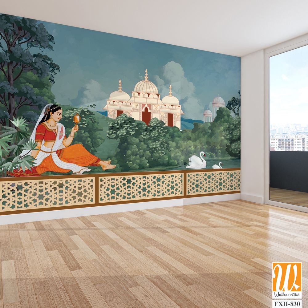 Traditional Mughal queen sitting in garden, with temples, lake, hill, plant and botanical tree landscape illustration pattern, Mughal Wall Mural. [WP-FXH-830]