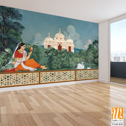 Traditional Mughal queen sitting in garden, with temples, lake, hill, plant and botanical tree landscape illustration pattern, Mughal Wall Mural. [WP-FXH-830]