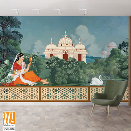 Traditional Mughal queen sitting in garden, with temples, lake, hill, plant and botanical tree landscape illustration pattern, Mughal Wall Mural. [WP-FXH-830]