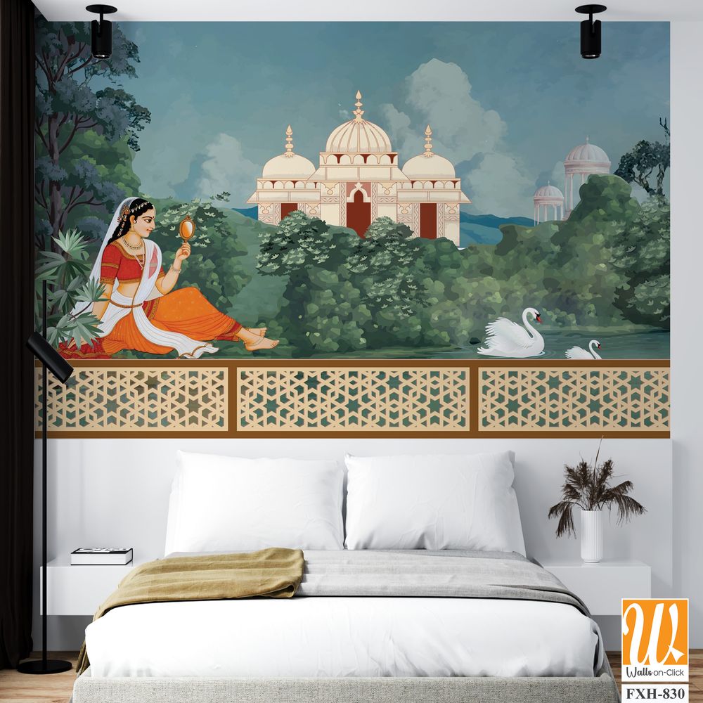 Traditional Mughal queen sitting in garden, with temples, lake, hill, plant and botanical tree landscape illustration pattern, Mughal Wall Mural. [WP-FXH-830]